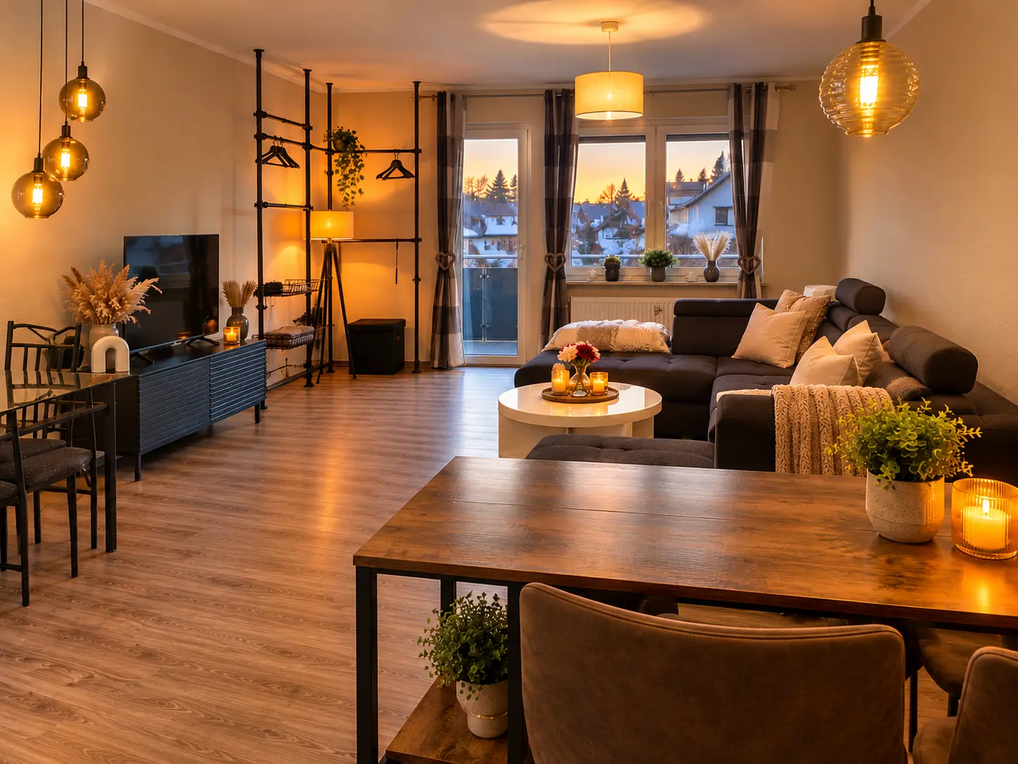 Loft 31 Wohnbereich mit Sofa, Esstisch und Zugang zum Balkon