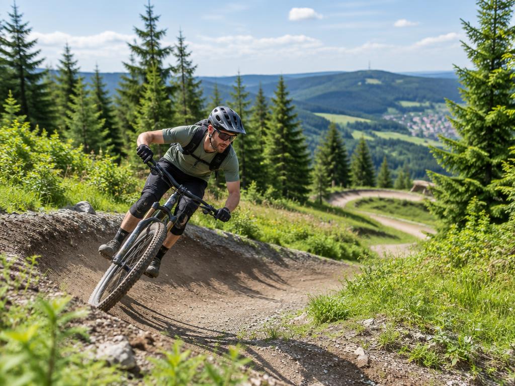 Mountainbiker in einer Trailkurve zwischen grünen Wäldern und sonnigen Hügeln