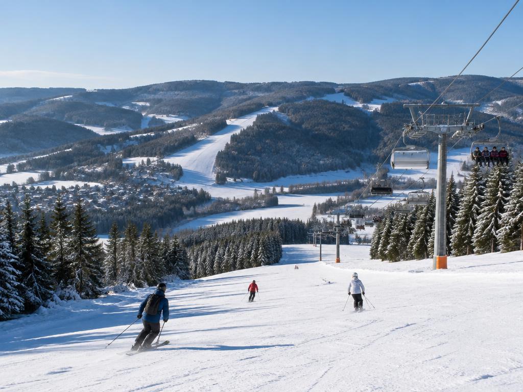 Skifahrer auf einer sonnigen Schneepiste mit Blick auf bewaldete Hügel